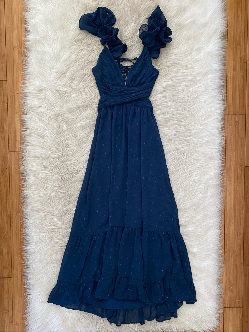 Petal & Pup Harmony Maxi Dress Navy Blue V-Neck Open Corset Back Formal Gown S - Picture 2 of 14